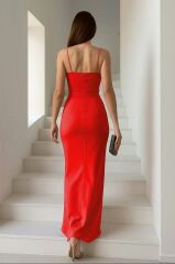 Kadın Dalgıç Kumaş V Yaka Yırtmaç Detaylı Maxi Boy Elbise