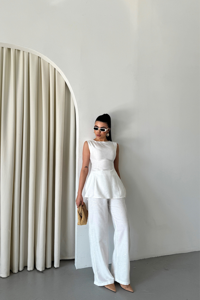 JAKAR KETEN KOLSUZ BLUZ-PANTOLON TK - Beyaz