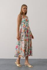 Çiçek Desenli Askılı Elbise - Pembe Çiçek