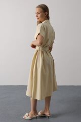 Kuşaklı Cep Detaylı Yarım Kol Elbise - Ekru