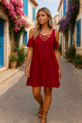 Dekolteli Bağcık Detay Viskon Kumaş Elbise