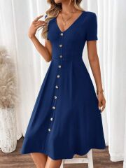 Kadın Kısa Kollu V Yakalı önden Düğmeli A Kesim Dokuma Elbise