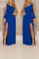 Tek Omuz Açık Derin Yırtmaçlı Krep Tam Boy Elbise