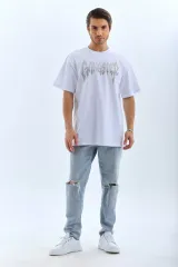 Unisex Oversize Taşlı Bisiklet Yaka T-Shirt - Beyaz