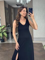 Kadın Askılı V Yakalı Yırtmaçlı Viskon Elbise