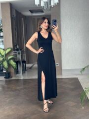 Kadın Askılı V Yakalı Yırtmaçlı Viskon Elbise