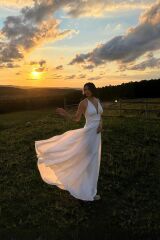 Ekru Askılı Keten Elbise