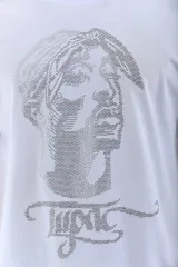 Unisex Oversize Taşlı Bisiklet Yaka T-Shirt - Beyaz