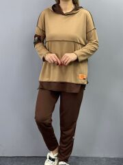 Kadın Kahve Kapşonlu Etek Ucu Detay Arma Ters Dikiş Gorunumlu Ikili Takım