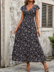 Kadın Kısa Kollu Kruvaze Yakalı çiçek Desenli Belden Lastikli Süprem Uzun Elbise