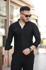 Erkek çift Cepli çıtçıt Düğmeli Uzun Kollu Gömlek