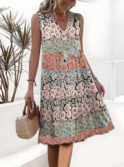 Kadın Kolsuz V Yaka çiçek Desenli Süprem Elbise