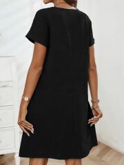 Kadın Kısa Kollu Yakası Açık Fermuarlı Cep Detaylı Ithal Keten Elbise