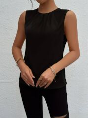 Kadın Askılı Yuvarlak Büzgü Yaka Sandy Bluz