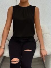 Kadın Askılı Yuvarlak Büzgü Yaka Sandy Bluz