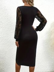 Kadın Uzun Kollu Kruvaze Yakalı Yandan Büzgülü çapraz Kesim Detaylı Midi Ithal Krep Elbise