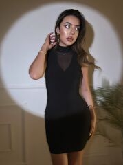 Kadın Balıkçı Yaka Tül Detay Kolsuz Mini Elbise