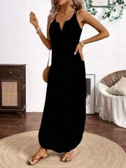 Kadın Askılı Yuvarlak Yaka Asimetrik Detaylı Viskon Elbise