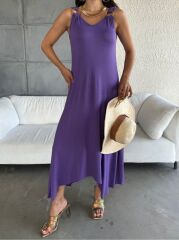 Kadın çan Dokuma Kumaş V Yaka Asimetrik Kesim Elbise