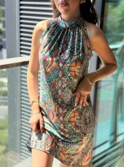 Kadın Kolsuz Boyundan Askılı Desenli Midi Süprem Elbise