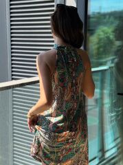 Kadın Kolsuz Boyundan Askılı Desenli Midi Süprem Elbise