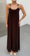 Kadın Omuz Askılı Kuş Gözü Zincir Detay Sandy Kumaş Maxi Boy Elbise