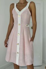 Pudra Ekru Süs Cepli Askılı Elbise