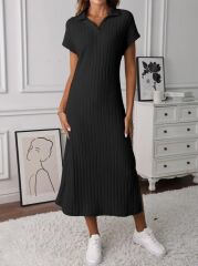 Kadın Kısa Kollu Yakalı Yandan Yırtmaçlı Kalın Fitilli Kaşkorse Elbise