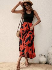 Kadın Askılı Yuvarlak Yaka üst Viskon Alt Desenli Uzun Süprem Elbise