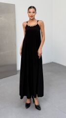 Kadın Omuz Askılı Kuş Gözü Zincir Detay Sandy Kumaş Maxi Boy Elbise