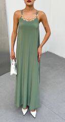 Kadın Omuz Askılı Kuş Gözü Zincir Detay Sandy Kumaş Maxi Boy Elbise