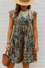 Kadın Kısa Kollu Kolları Fırfırlı Bisiklet Yakalı Kare Desenli Elbise