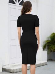 Kadın Kısa Kollu V Yakalı önden Fırfırlı Ithal Krep Elbise