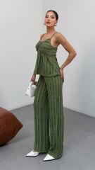 Kadın Haki Dokulu Askılı Üst Ve Bol Paça Pantolon 2’li Takım