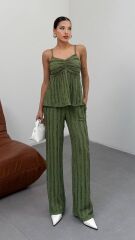 Kadın Haki Dokulu Askılı Üst Ve Bol Paça Pantolon 2’li Takım