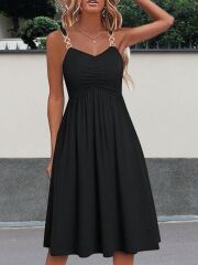 Kadın Ip Askılı V Yakalı Kısa Viskon Elbise