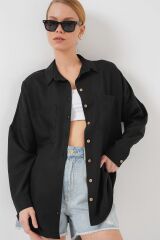 20126 Oversize Keten Gömlek - Siyah
