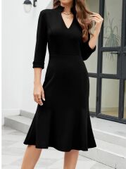 Kadın Truvakarkol V Yakalı Midi Ithal Krep Elbise