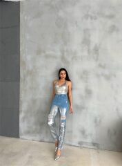 DİZ YIRTIK VARAKLI MOM KOT PANTOLON - Gümüş