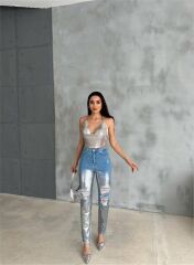 DİZ YIRTIK VARAKLI MOM KOT PANTOLON - Gümüş