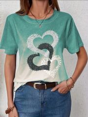 Kadın Kısa Kollu Bisiklet Yaka Kalp Baskılı Süprem Bluz