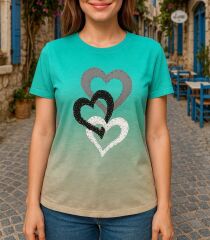 Kadın Kısa Kollu Bisiklet Yaka Kalp Baskılı Süprem Bluz