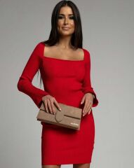 Kadın Uzun Kollu Kare Yaka Kol Ucu Ispanyol Triko Elbise