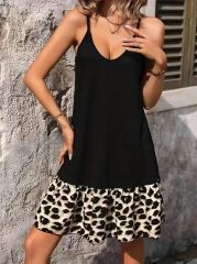 Kadın Ip Detaylı Kısa Elbise Askılı Yuvarlak Yakalı Viskon Etek Süprem Elbise