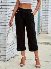 Kadın Beli Lastikli Düğme Ve Cep Detaylı Kapri Ithal Keten Pantolon