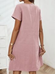 Kadın Kısa Kollu Yakası Açık Fermuarlı Cep Detaylı Ithal Keten Elbise