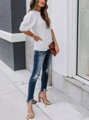 Kadın Kısa Kollu Pileli Balın Kol Bürümcük Bluz