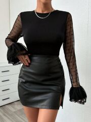 Kadın Uzun Kollu Bisiklet Yaka Kol Ağzı Katmanlı Bluz