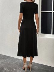 Kadın Kısa Kollu V Yakalı önden Düğmeli Yırtmaçlı Midi Viskon Elbise