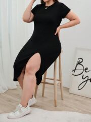 Kadın Büyük Beden Kısa Kollu Yanı Yırtmaçlı Bisiklet Yaka Viskon Elbise